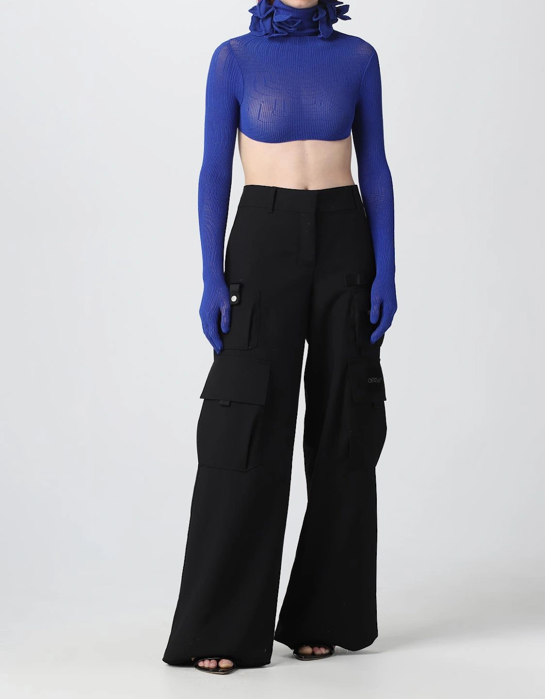 Cropped Knit Top Ruffled High Neck