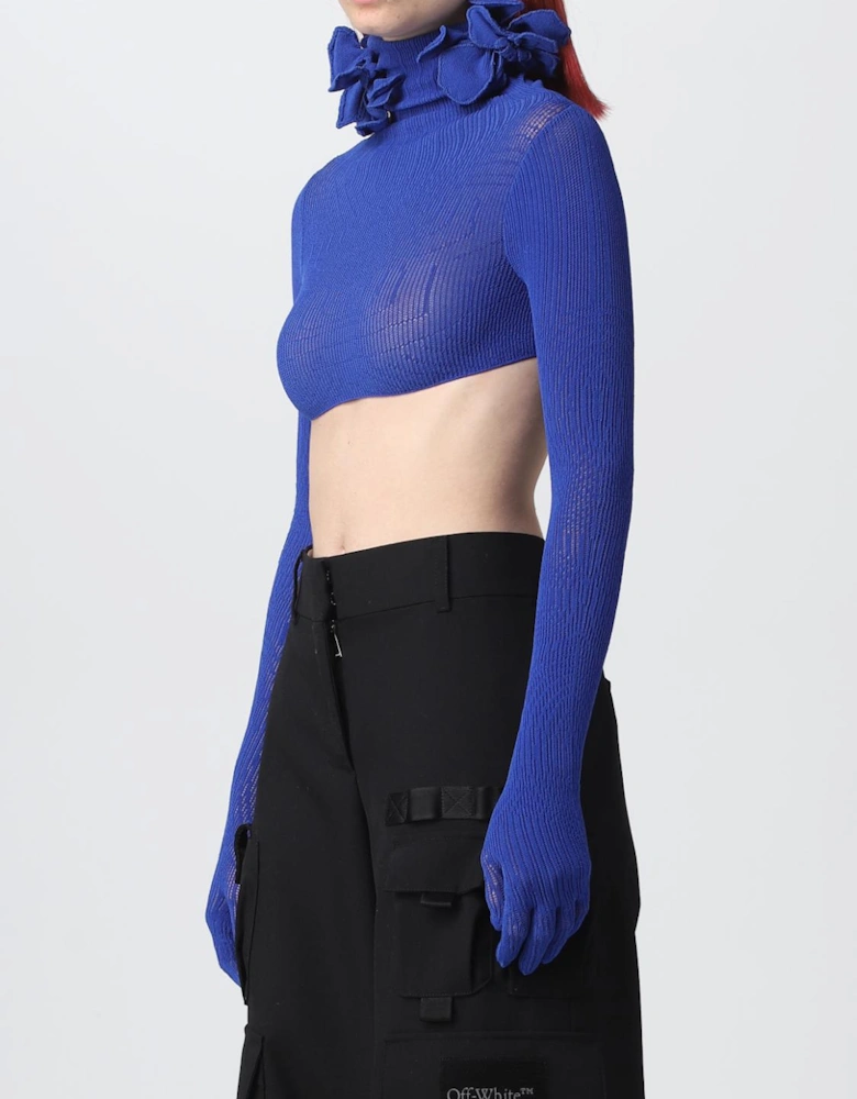 Cropped Knit Top Ruffled High Neck