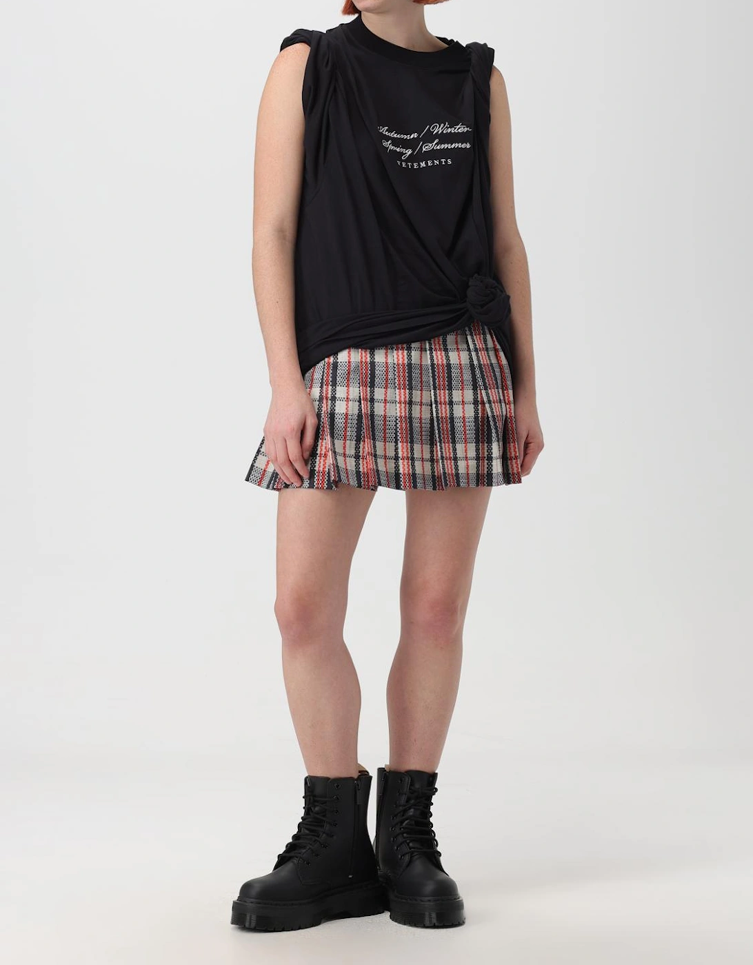 Pleated Plaid Mini Skirt with Logo Waistband