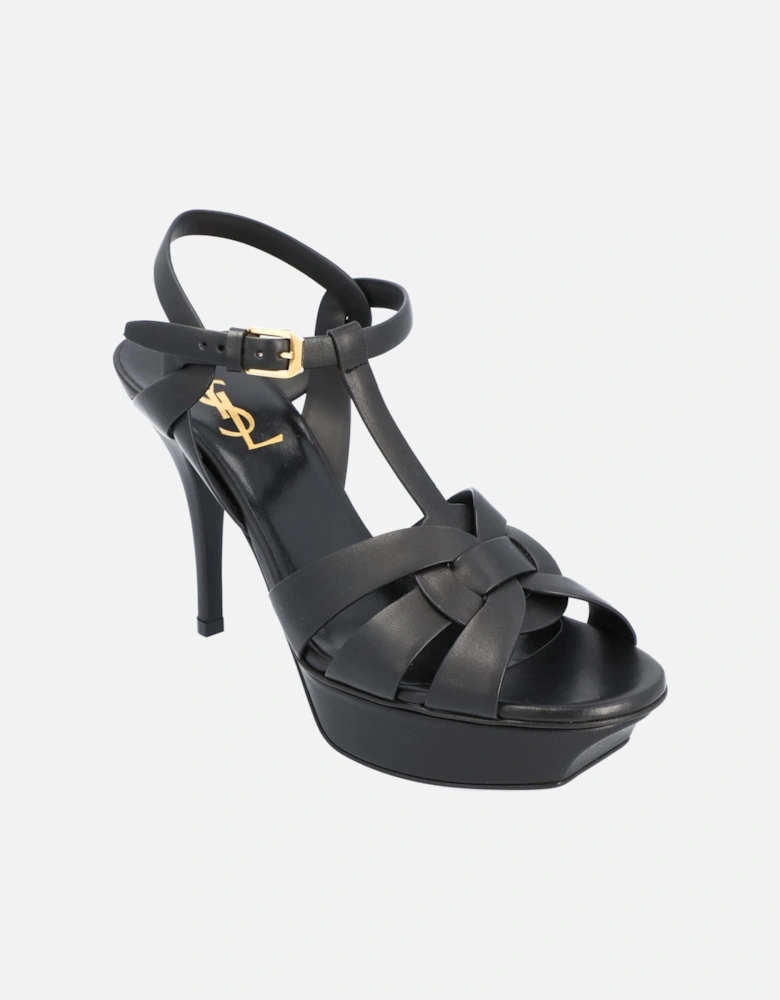 Black Leather Platform Sandals with Logo Strap
