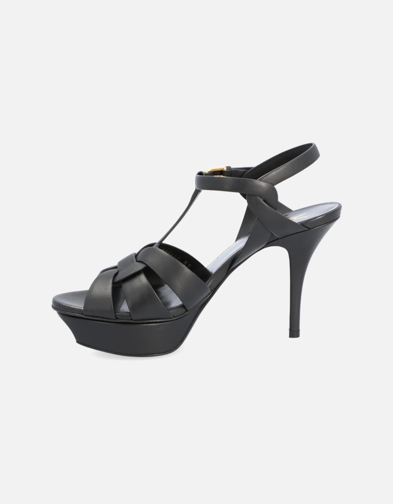 Black Leather Platform Sandals with Logo Strap