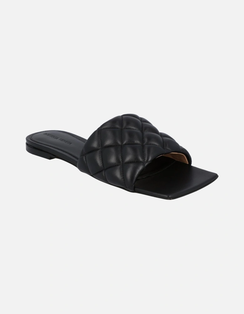Padded Quilted Leather Flat Sandal in Black Lambskin