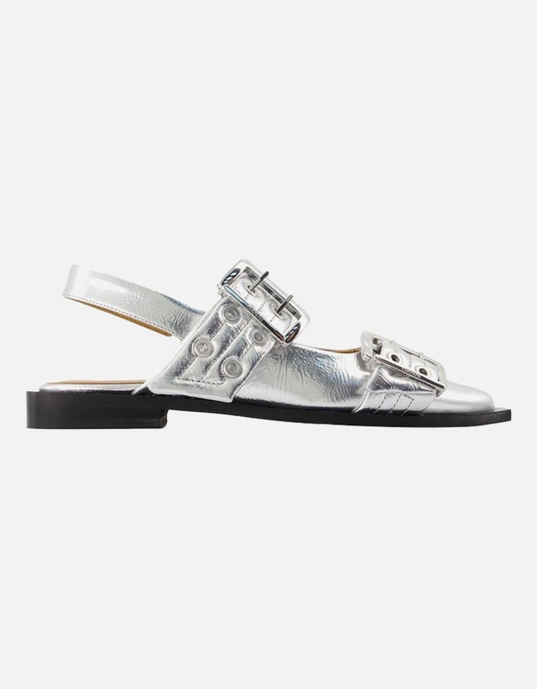 Silver Synthetic Leather Buckle Ballerinas
