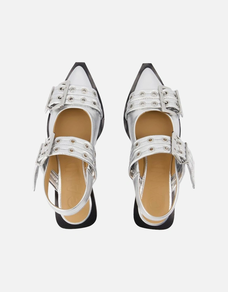 Silver Synthetic Leather Buckle Ballerinas