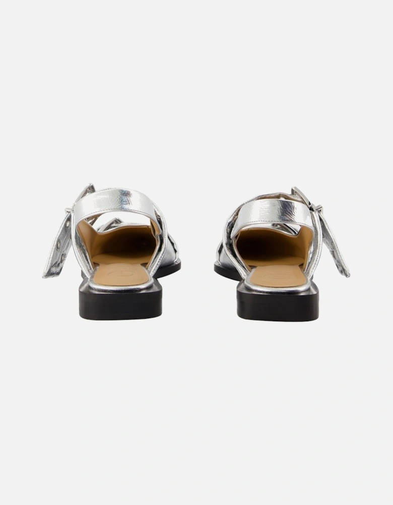Silver Synthetic Leather Buckle Ballerinas