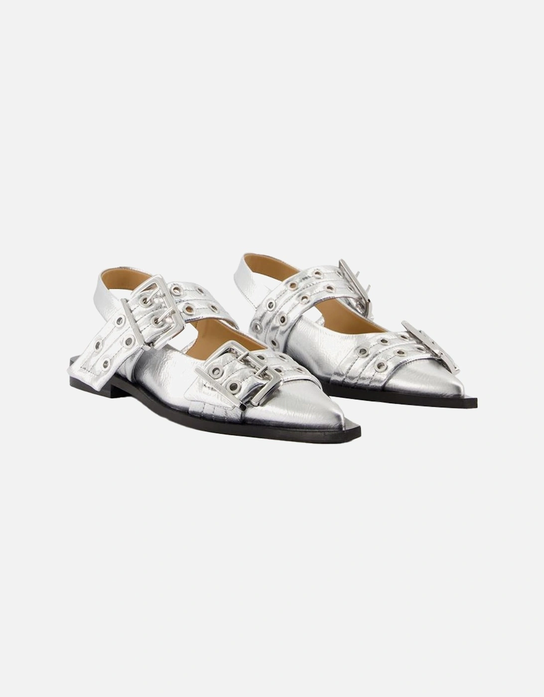 Silver Synthetic Leather Buckle Ballerinas