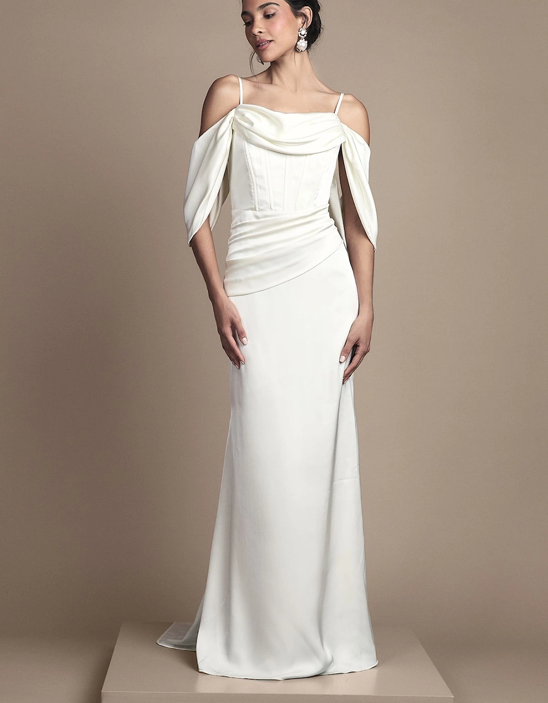 Cowl Neck Corset Drape Satin Maxi Wedding Dress, 2 of 1