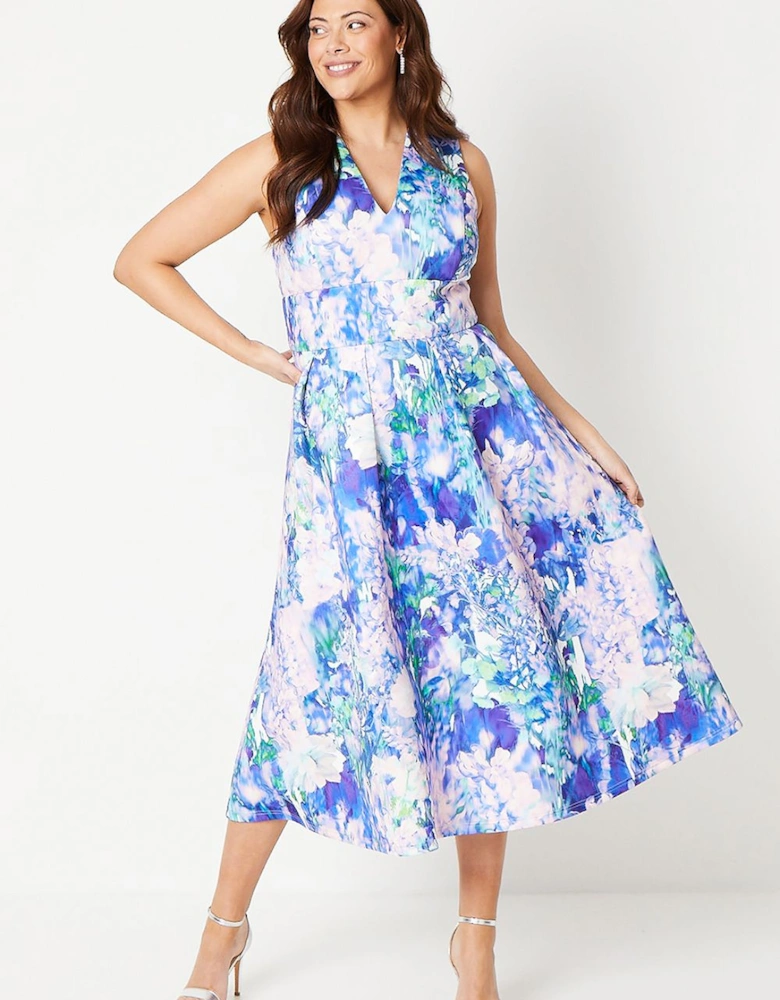 Plus Plunge Neck Full Skirted Midi Dress In Scuba