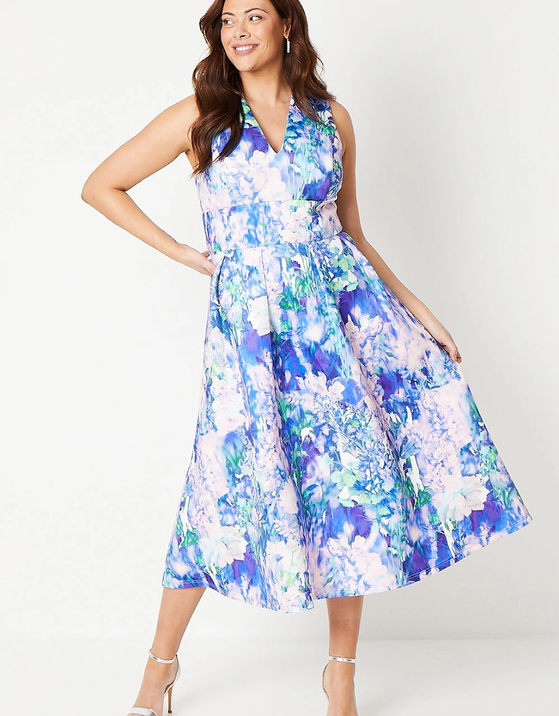 Plus Plunge Neck Full Skirted Midi Dress In Scuba, 2 of 1