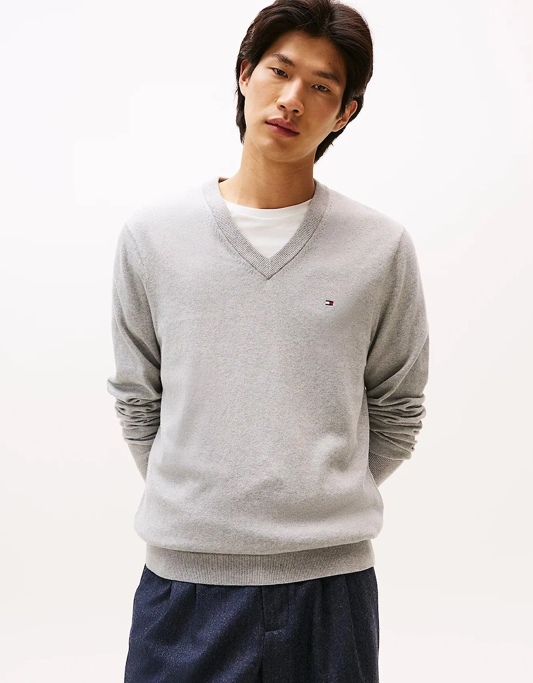 Pima Organic Cotton Mens Cashmere V-Neck Jumper - Light Grey Heather, 2 of 1