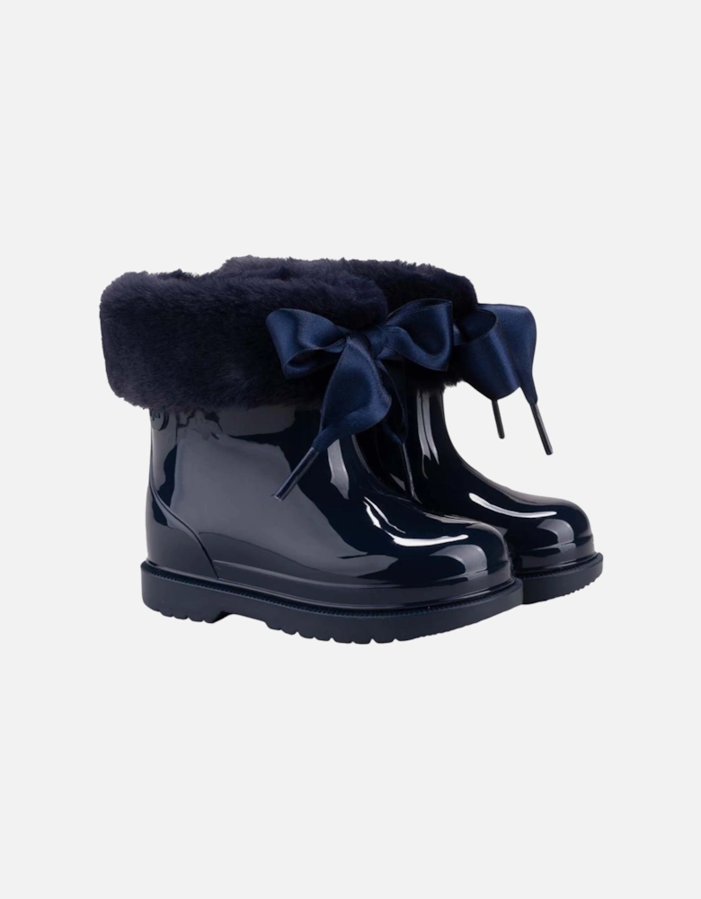 Girls Navy Faux Fur Rain Boots