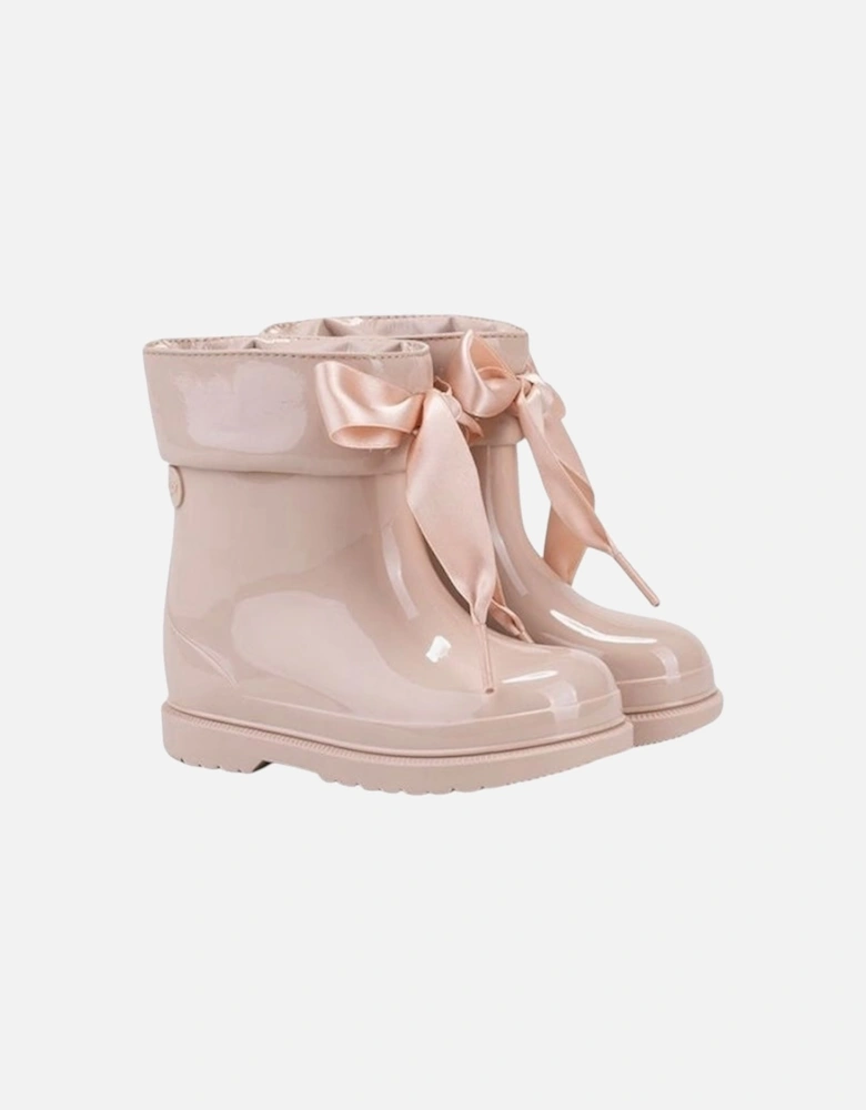 Girls Beige Ribbon Rain Boots
