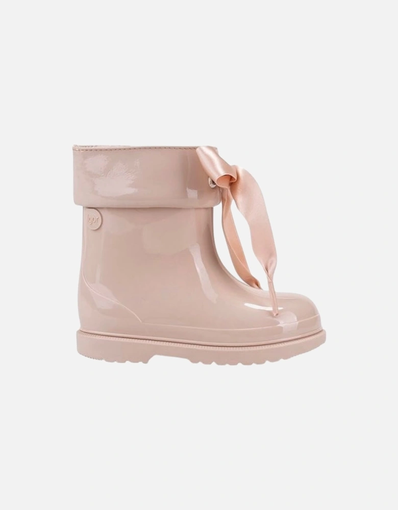 Girls Beige Ribbon Rain Boots
