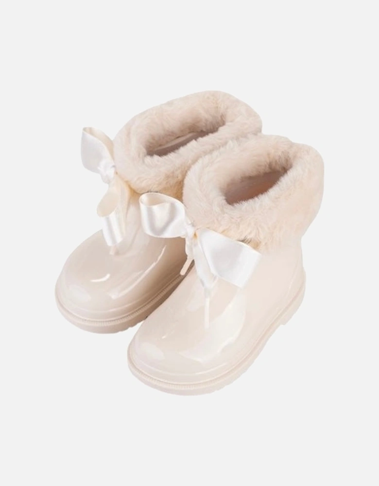 Girls Cream Faux Fur Rain Boots