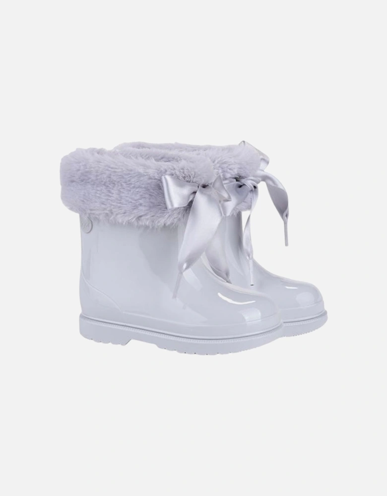 Girls Grey Faux Fur Rain Boots