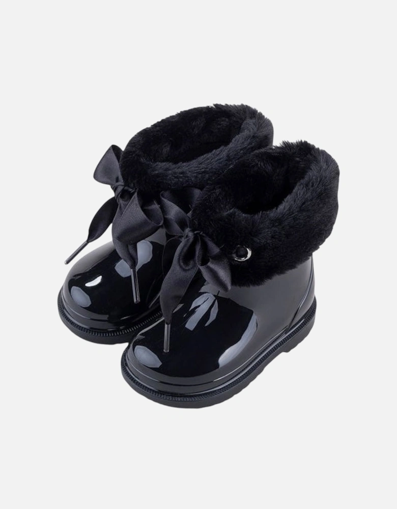 Girls Black Faux Fur Rain Boots
