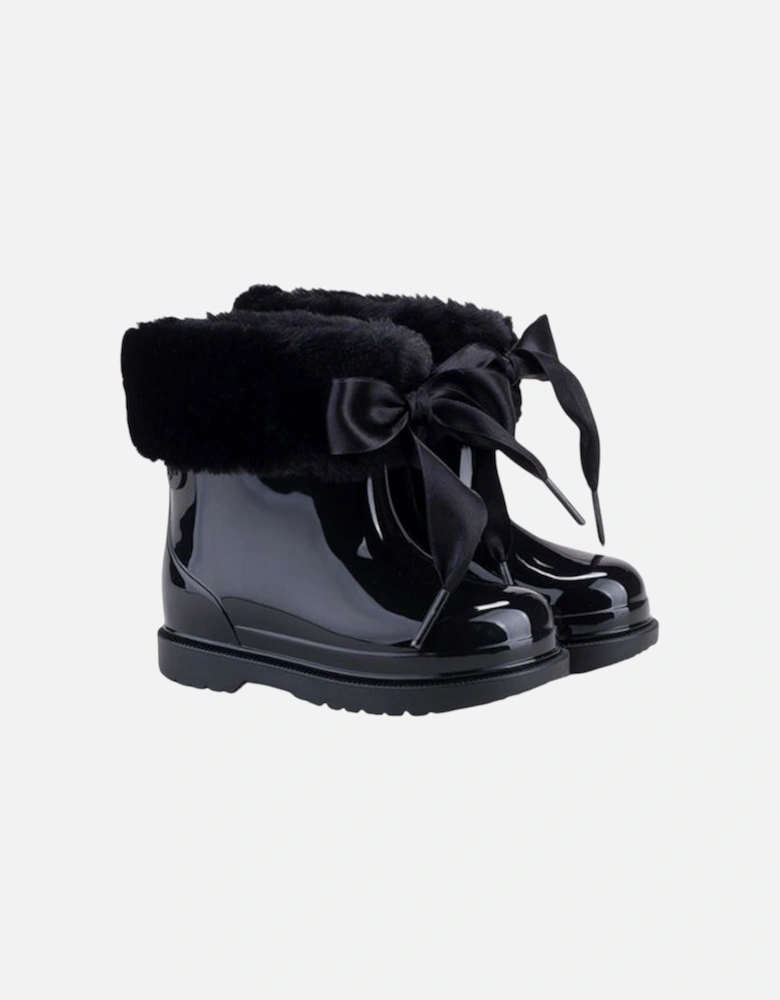 Girls Black Faux Fur Rain Boots