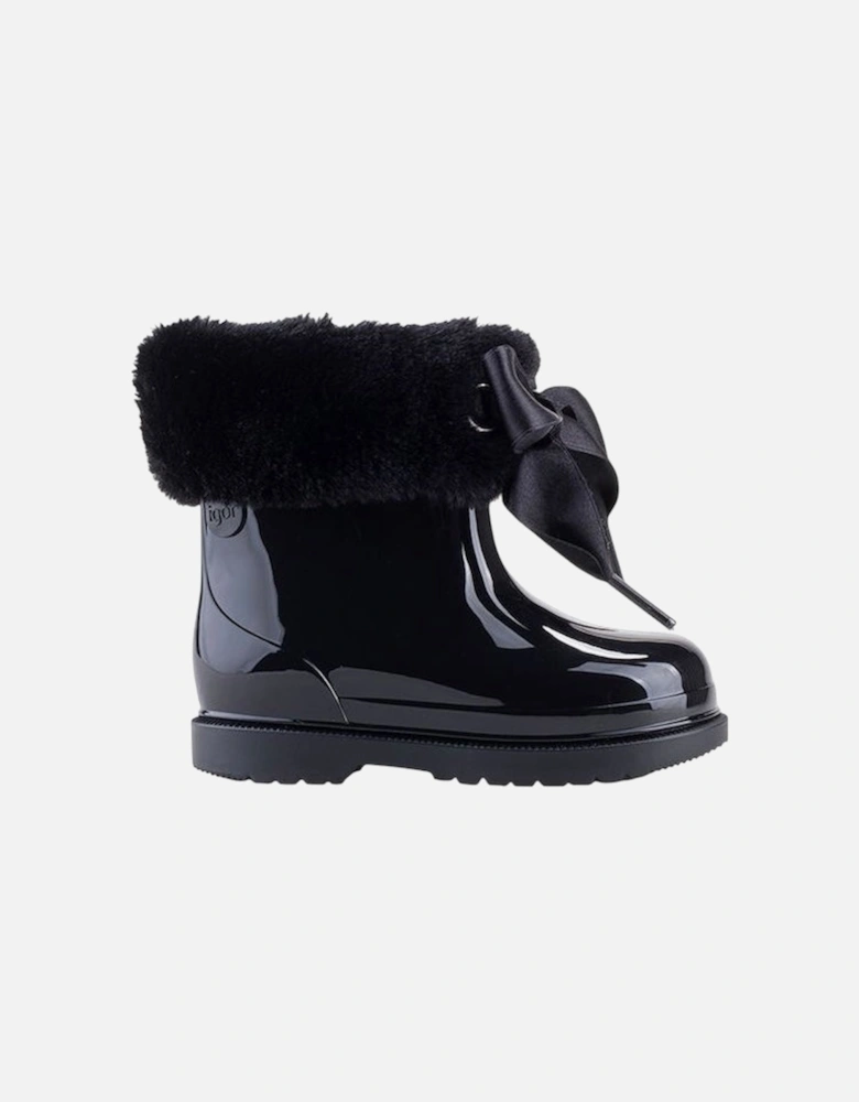 Girls Black Faux Fur Rain Boots