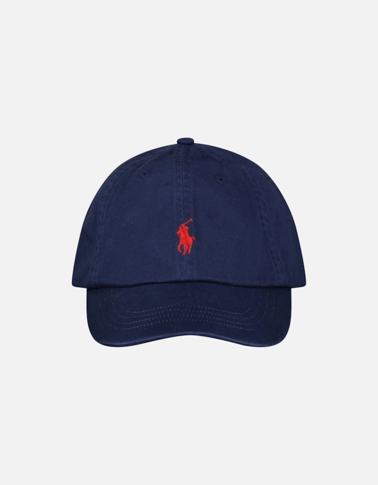 Cotton Chino Baseball Cap in Navy with Red Logo