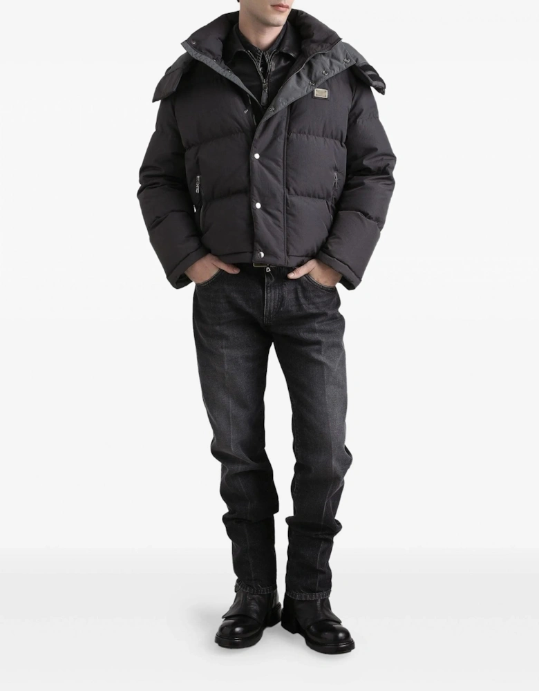 Plaque Hooded Down Jacket Charcoal