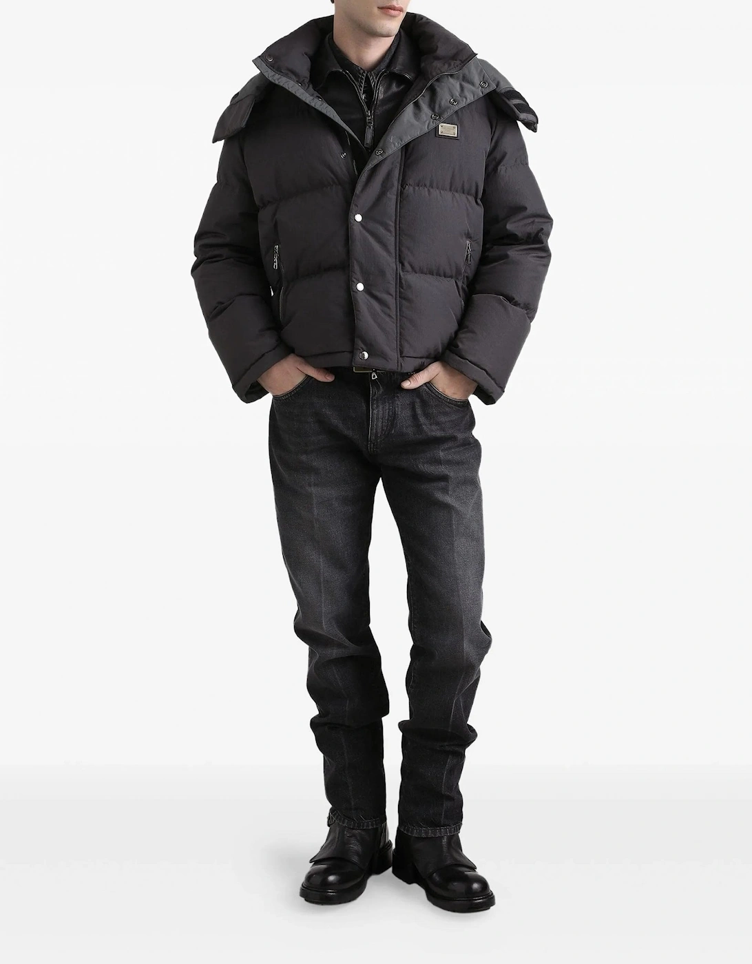 Plaque Hooded Down Jacket Charcoal
