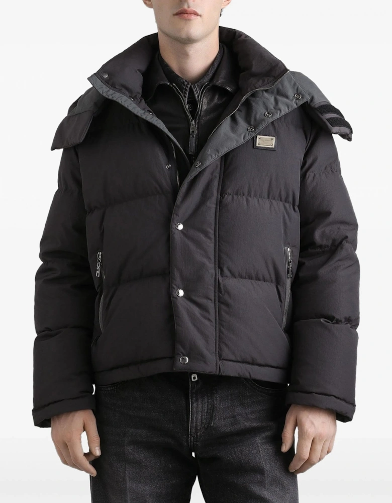 Plaque Hooded Down Jacket Charcoal