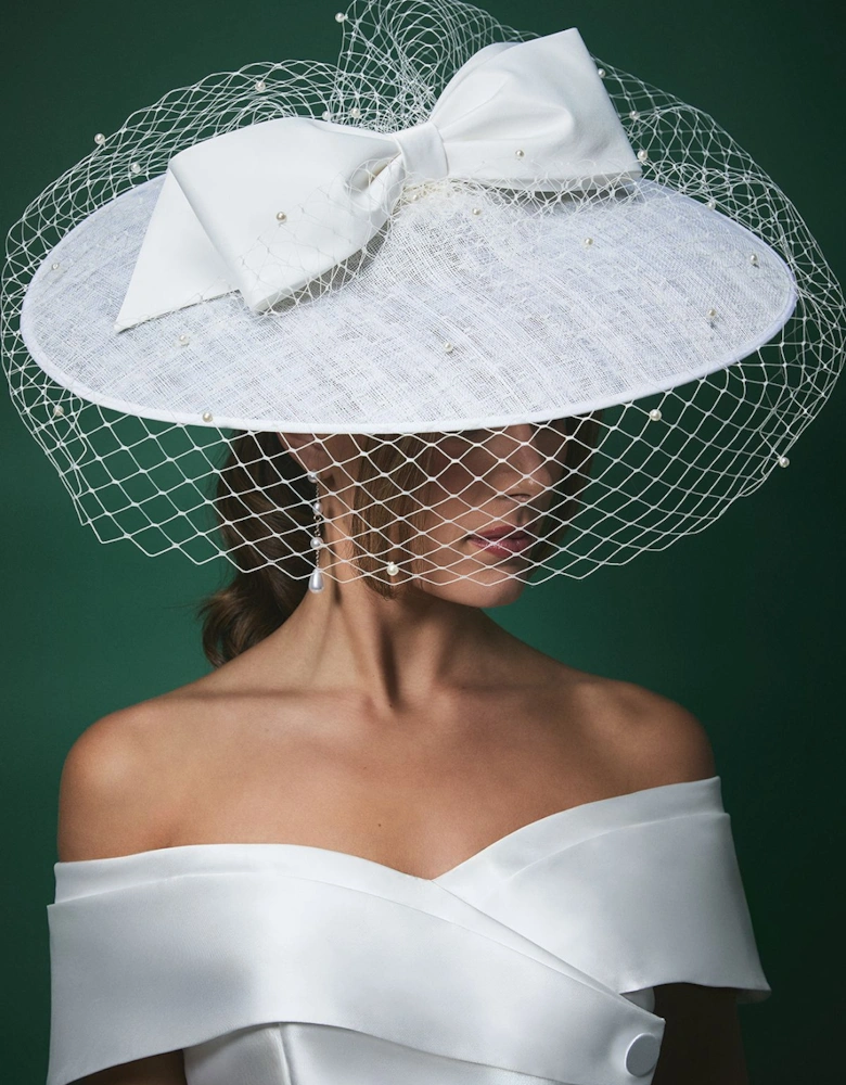 Lisa Tan Bridal Bow Detail Wide Brim Fascinator with Pearl Veil