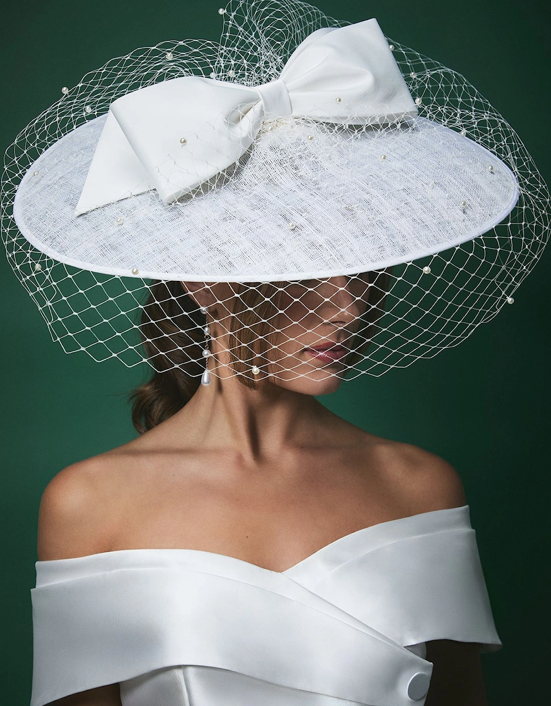 Lisa Tan Bridal Bow Detail Wide Brim Fascinator with Pearl Veil, 2 of 1