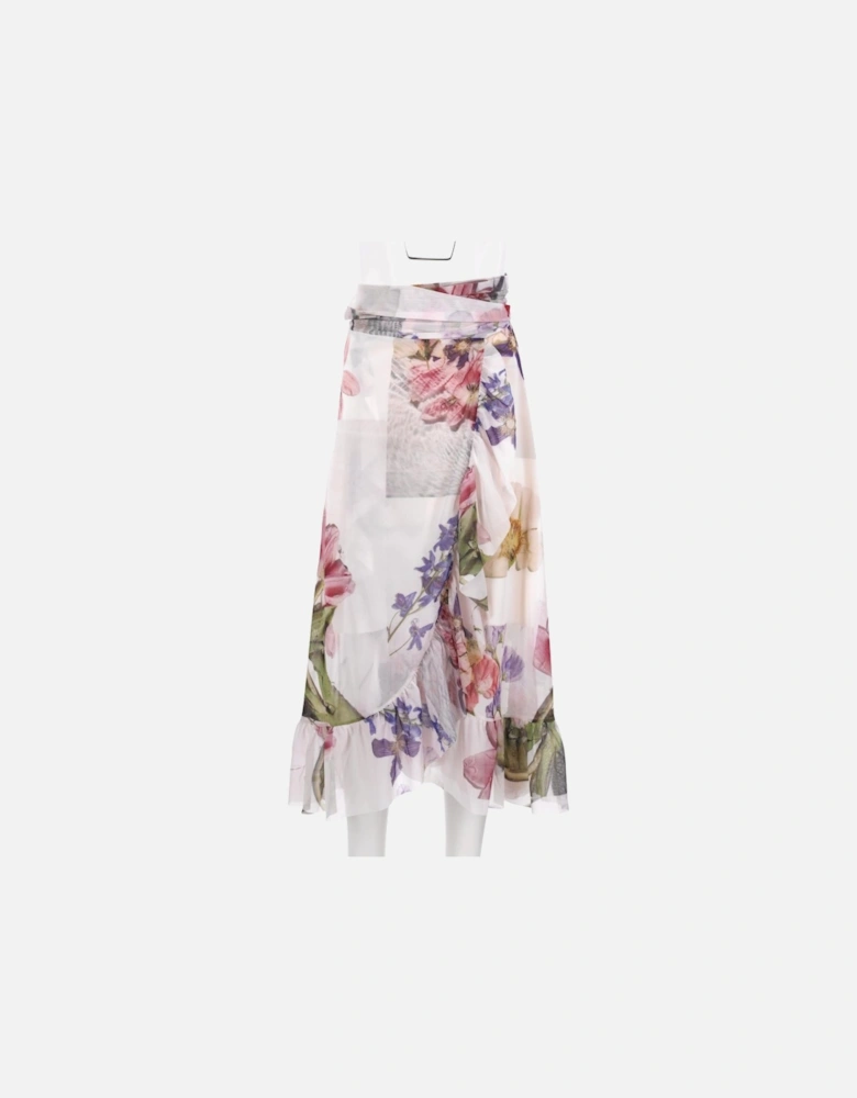 Floral Print Wrap Skirt with Ruched Waist and Ruffle Trim