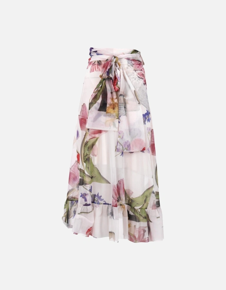 Floral Print Wrap Skirt with Ruched Waist and Ruffle Trim
