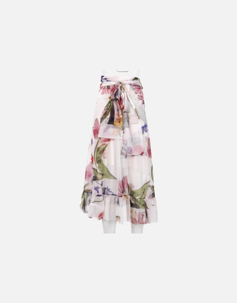 Floral Print Wrap Skirt with Ruched Waist and Ruffle Trim