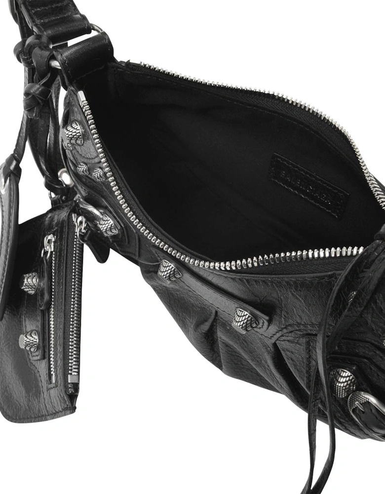 Curved Leather Shoulder Bag with Zipper Closure