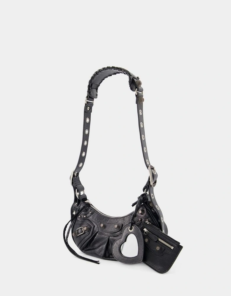 Curved Leather Shoulder Bag with Zipper Closure