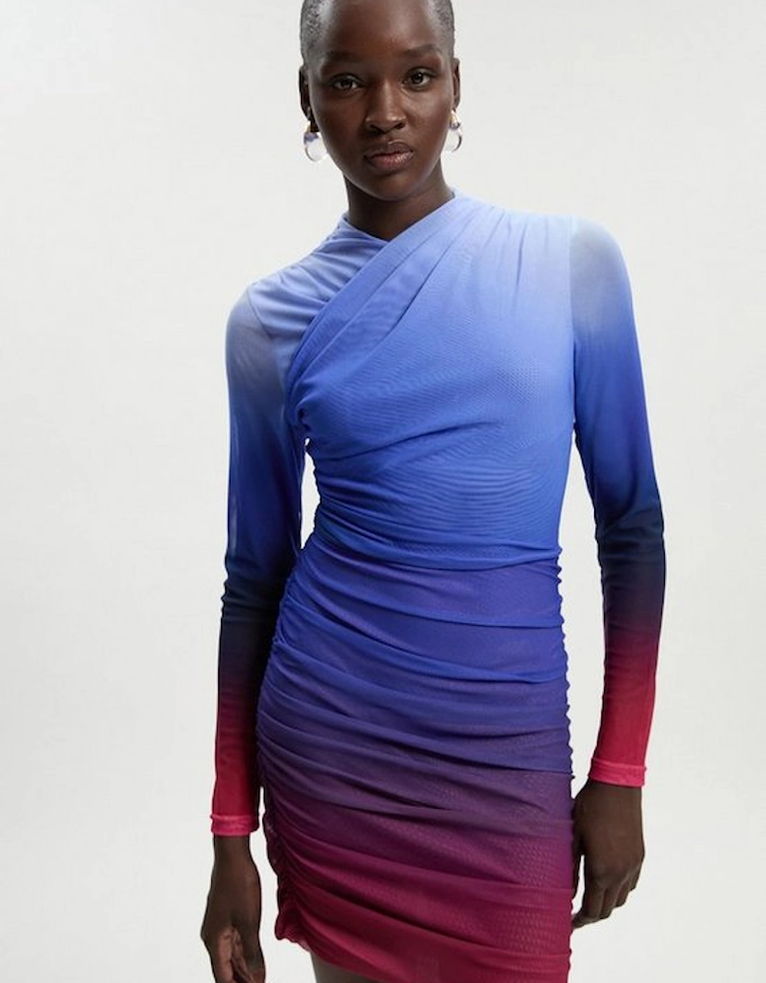 Ombre Printed Mesh Ruched Mini Dress, 2 of 1