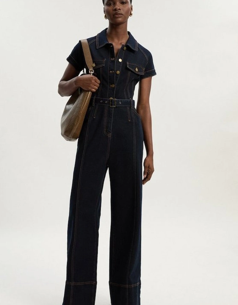 Petite Denim Corset Waist Detail Wide Leg Jumpsuit