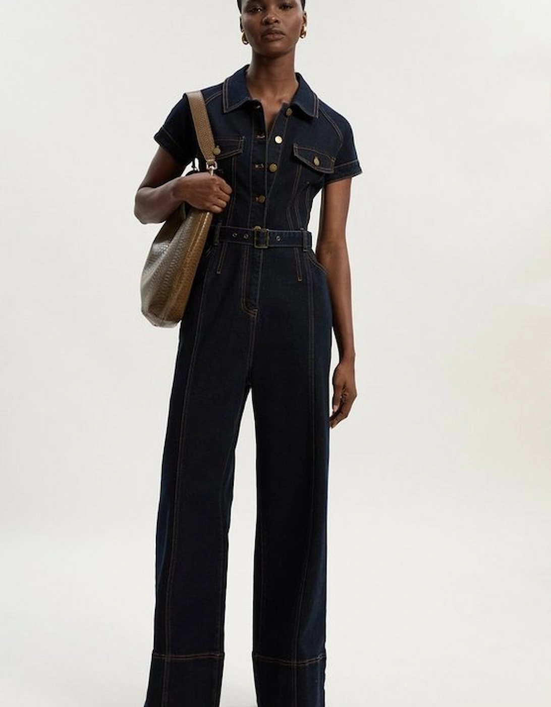 Petite Denim Corset Waist Detail Wide Leg Jumpsuit, 2 of 1