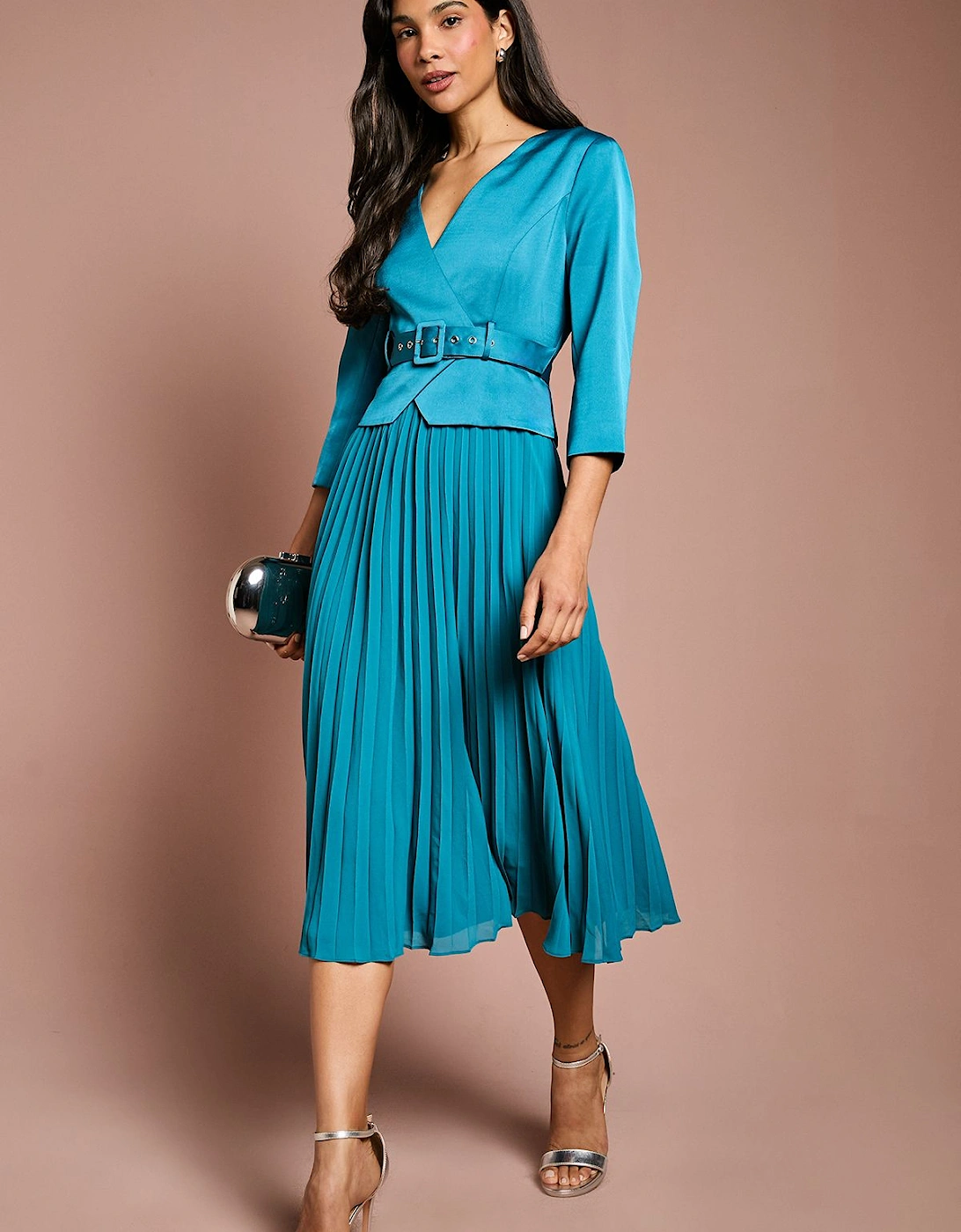 Satin Bodice ¾ Sleeve Pleat Skirt Belted Midi Wedding Guest Dress, 2 of 1