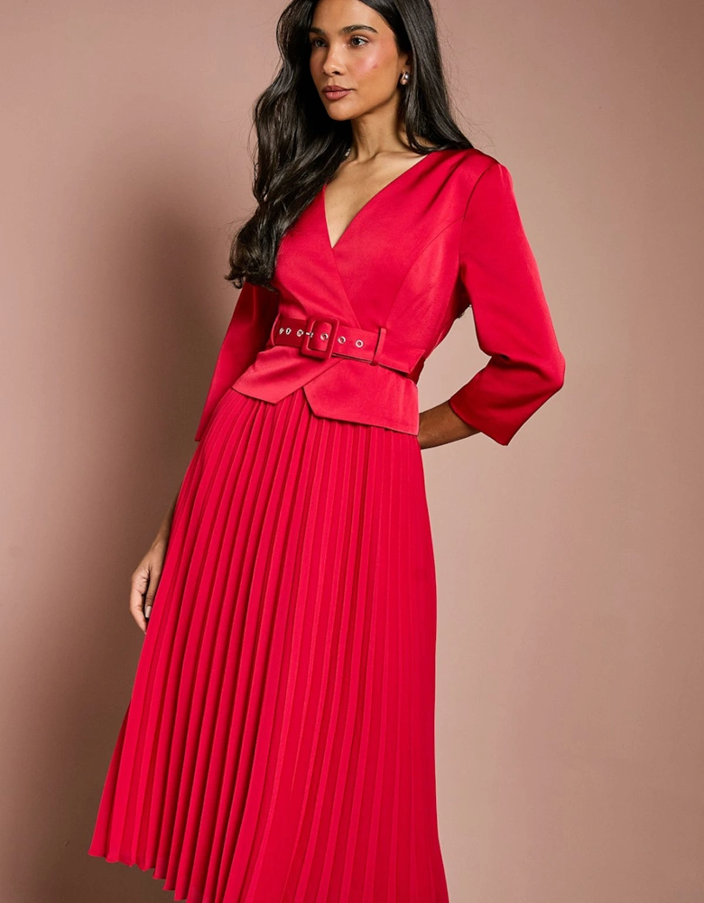 Satin Bodice ¾ Sleeve Pleat Skirt Belted Midi Wedding Guest Dress