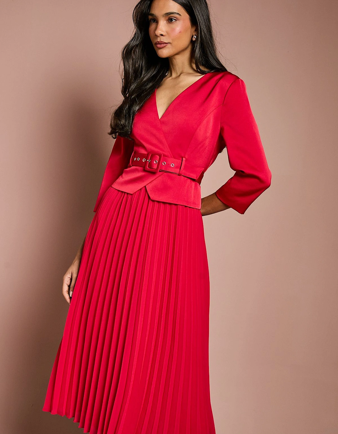 Satin Bodice ¾ Sleeve Pleat Skirt Belted Midi Wedding Guest Dress, 2 of 1