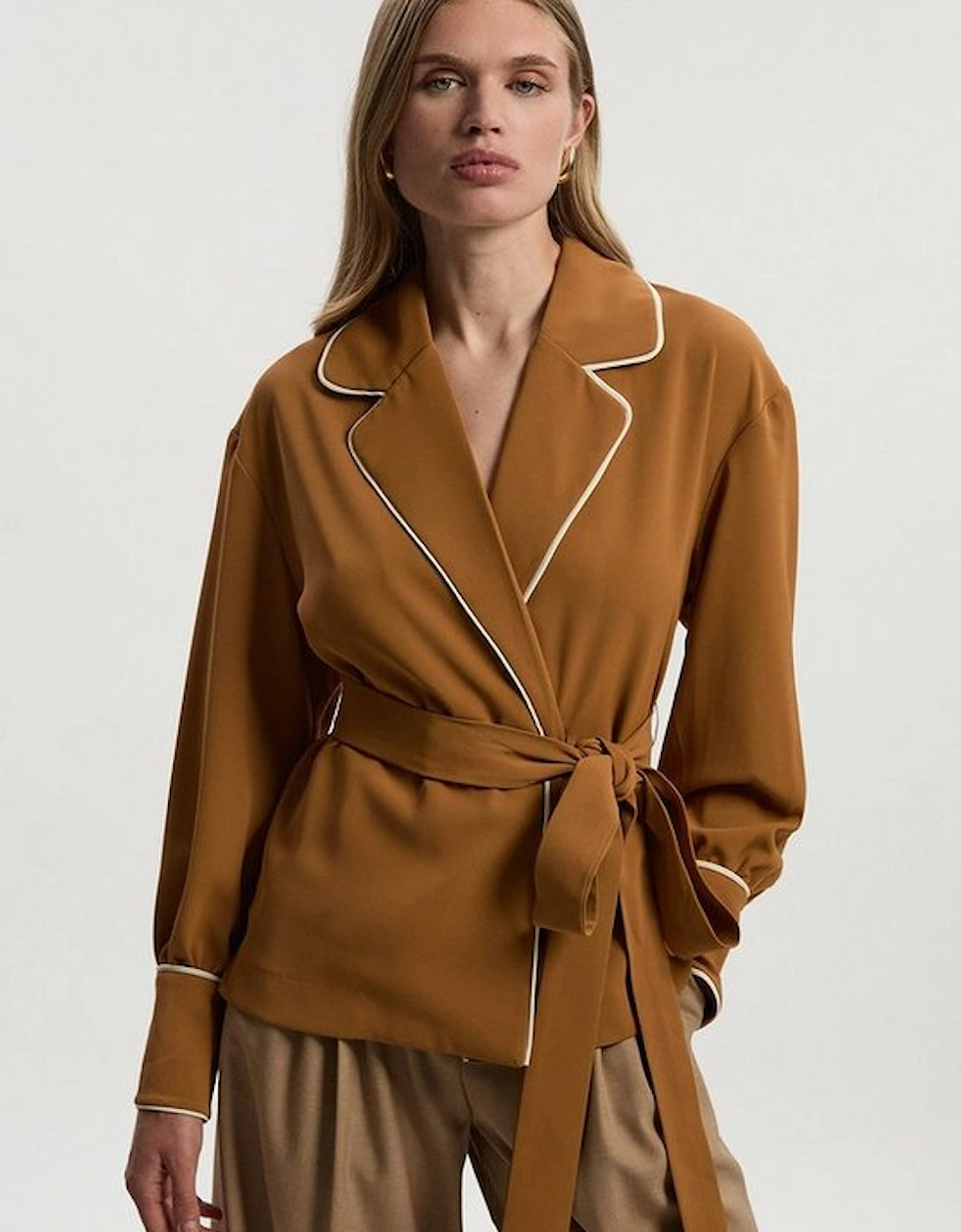 Contrast Tipping Tie Waist Woven Trench Jacket, 2 of 1