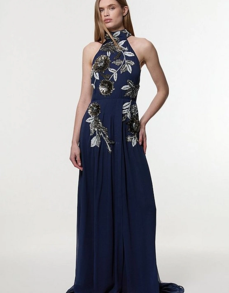 Floral 3D Embellished Halter Tie Neck Woven Maxi Dress