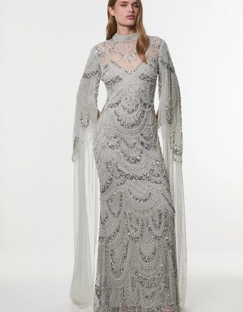 Premium Beaded Embellished Woven Midaxi Cape Dress