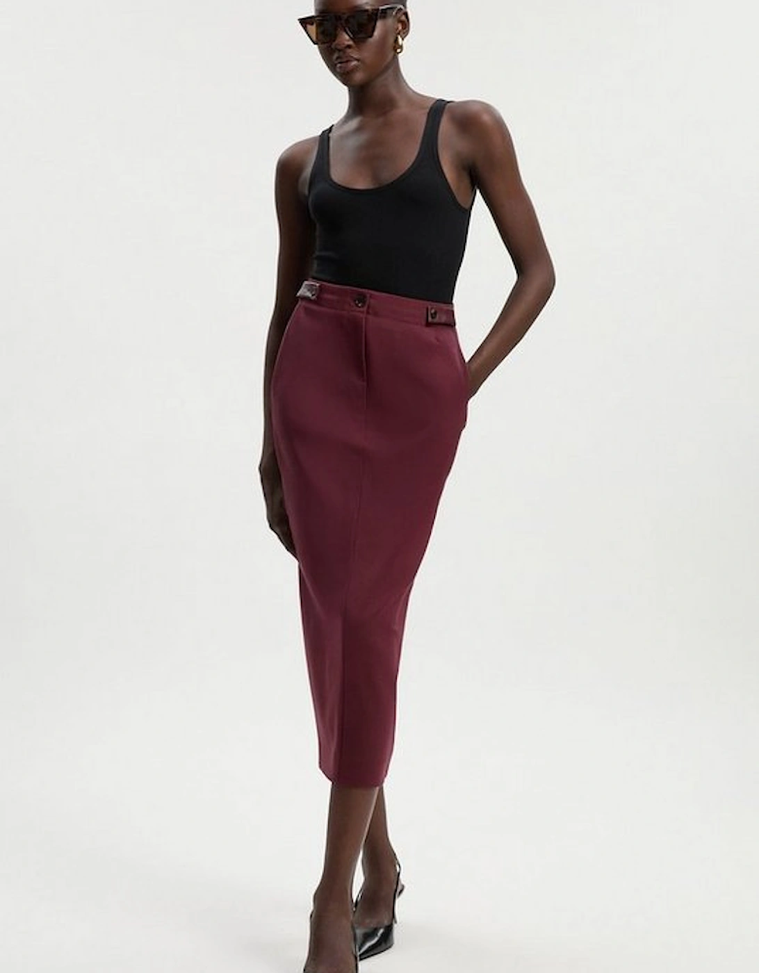 Ponte And Pu Mix Tab Detail Tailored Pencil Midi Skirt, 2 of 1