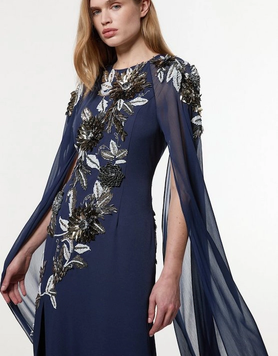 Floral 3D Embellished Drama Cape Sleeve Woven Maxi Dress, 2 of 1