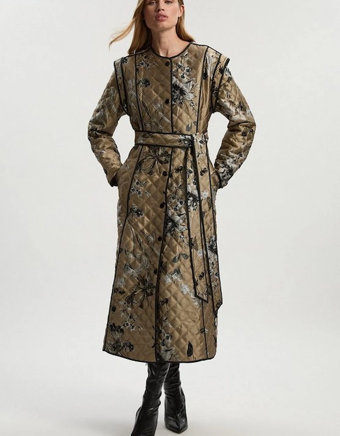 Printed Jacquard Padded Collarless Full Midi Coat, 2 of 1