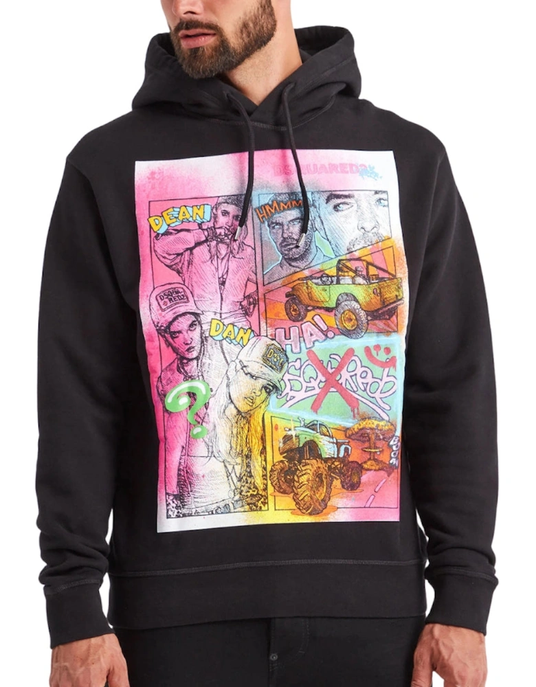 Comic Style Motif Black Hoodie