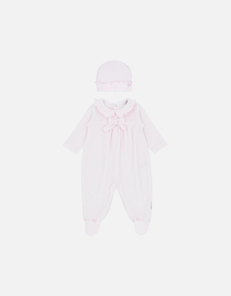 Girls Pale Pink Velour Babygrow and Hat