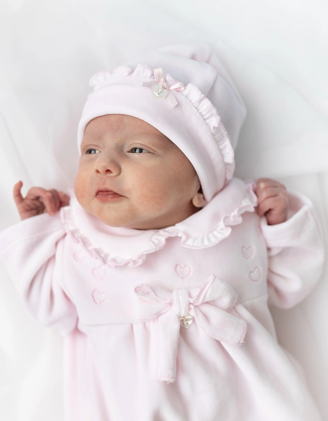 Girls Pale Pink Velour Babygrow and Hat