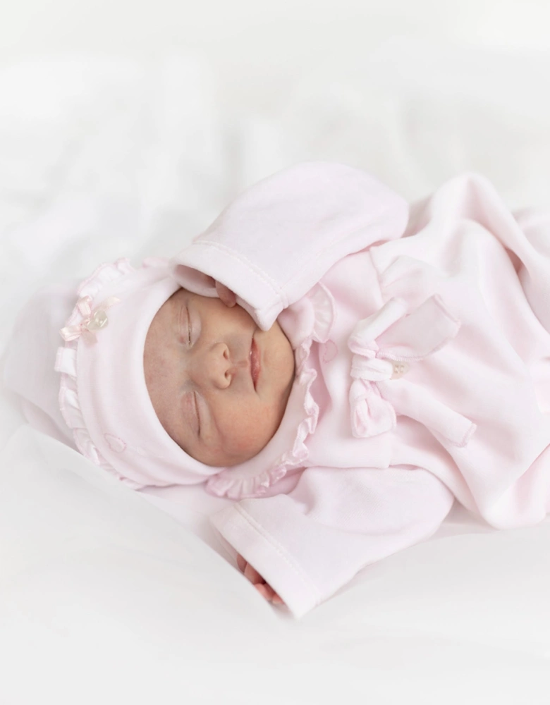 Girls Pale Pink Velour Babygrow and Hat