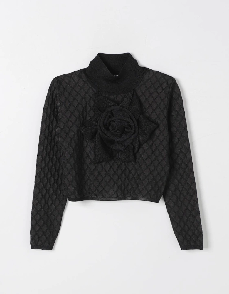 Cropped Mock Neck Knit Sweater with 3D Flower